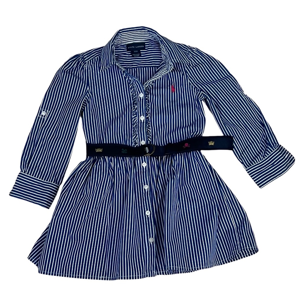 Ralph Lauren Girls 3T Navy pinkstripe shirtwaist dress with belt accent